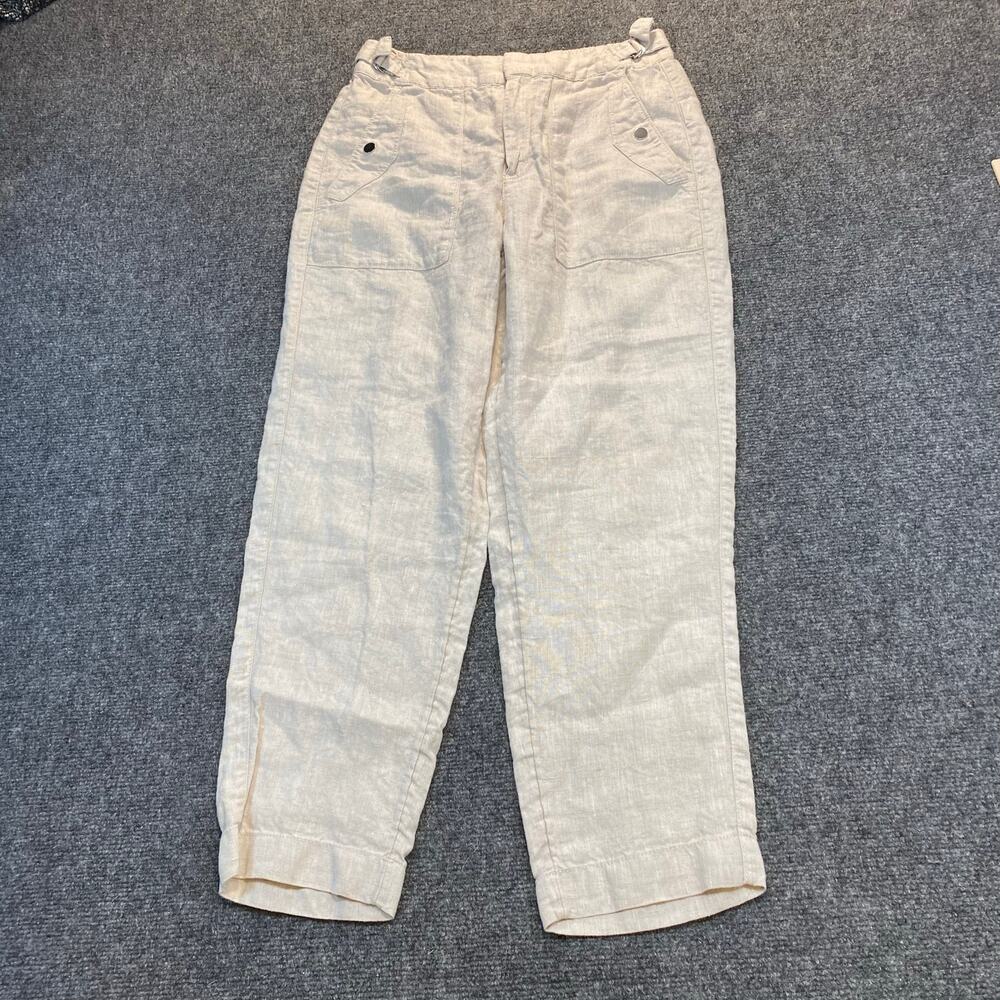 Athleta Voyager Womens 6 100% Linen Pants Beige Ankle Vacation Coastal Buckle